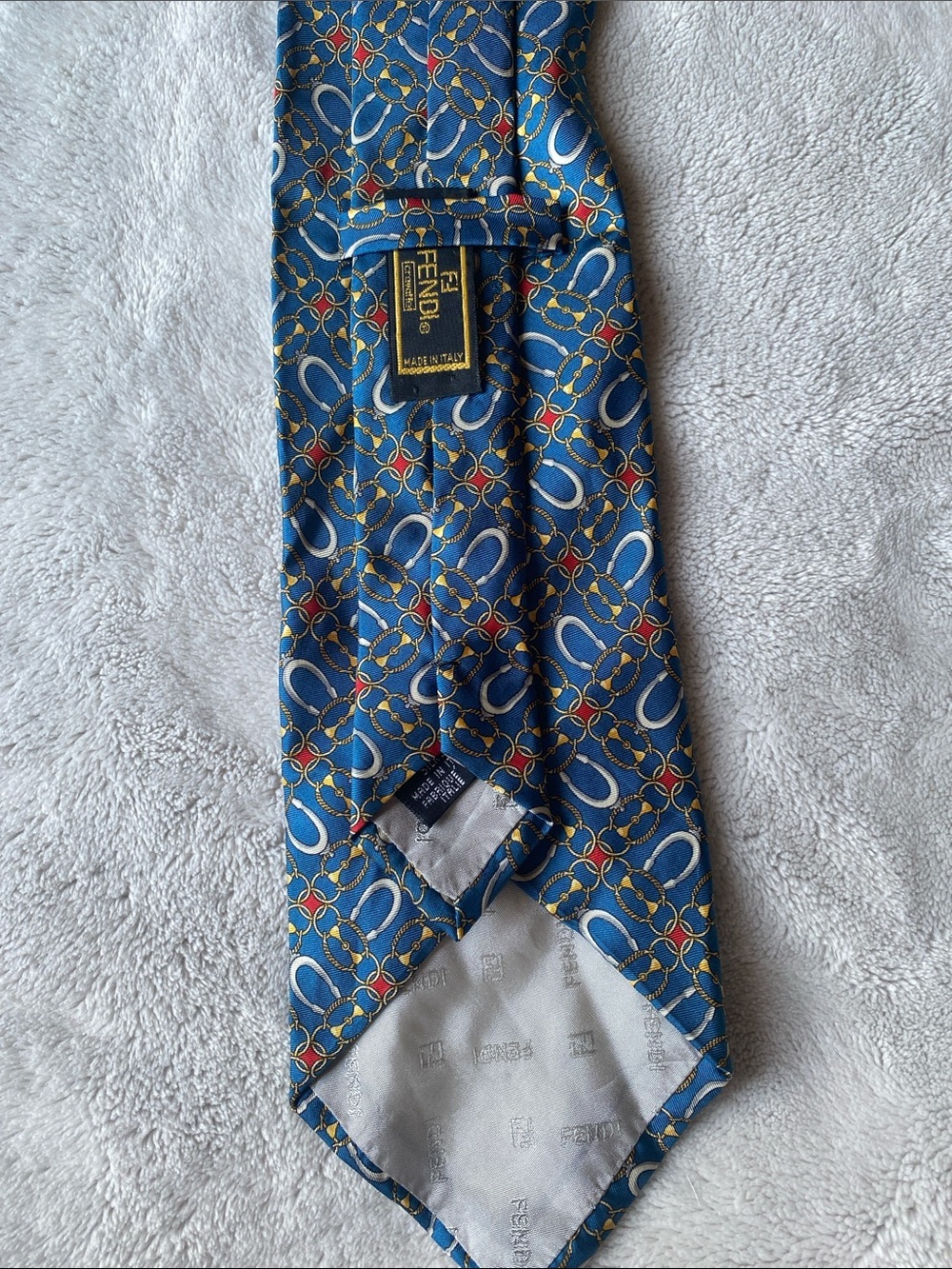 Fendi Blue Silk Chain-Print Tie with Gold and Red Accents